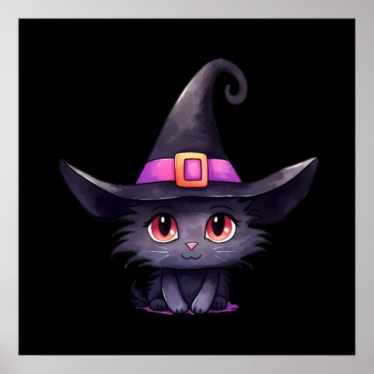 Schattigee zwarte kat met Pet van een heks Poster (Voorkant)