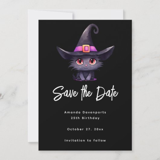 Schattigee zwarte kat met Pet van een heks Save The Date (Voorkant)