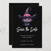 Schattigee zwarte kat met Pet van een heks Save The Date (Voorkant / Achterkant)