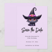 Schattigee zwarte kat met Pet van een heks Save The Date (Voorkant / Achterkant)