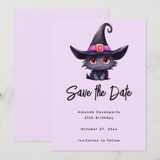 Schattigee zwarte kat met Pet van een heks Save The Date (Voorkant / Achterkant)