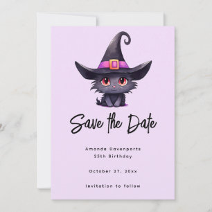 Schattigee zwarte kat met Pet van een heks Save The Date