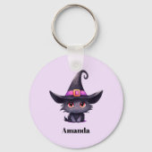 Schattigee zwarte kat met Pet van een heks Sleutelhanger (Voorkant)