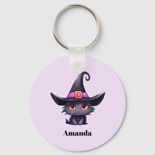 Schattigee zwarte kat met Pet van een heks Sleutelhanger (Voorkant)