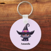 Schattigee zwarte kat met Pet van een heks Sleutelhanger (Achterkant)