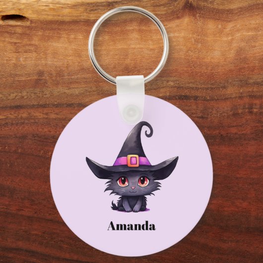 Schattigee zwarte kat met Pet van een heks Sleutelhanger (Voorkant)