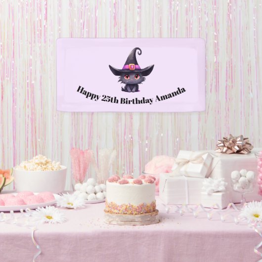 Schattigee zwarte kat met Pet van een heks Spandoek (Feest)