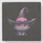 Schattigee zwarte kat met Pet van een heks Stenen Onderzetter (Voorkant)