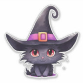 Schattigee zwarte kat met Pet van een heks Sticker (Voorkant)