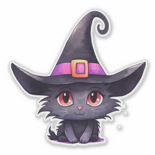 Schattigee zwarte kat met Pet van een heks Sticker (Voorkant)