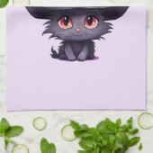Schattigee zwarte kat met Pet van een heks Theedoek (Gevouwen)