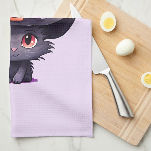 Schattigee zwarte kat met Pet van een heks Theedoek (Quarter Fold)