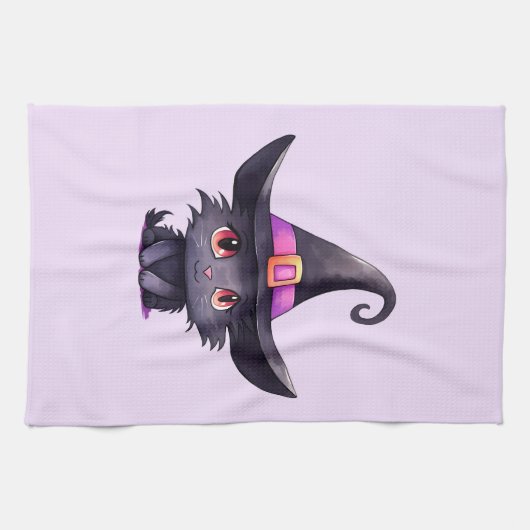 Schattigee zwarte kat met Pet van een heks Theedoek (Horizontaal)