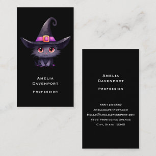 Schattigee zwarte kat met Pet van een heks Visitekaartje