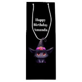 Schattigee zwarte kat met Pet van een heks Wijn Cadeautas (Voorkant)