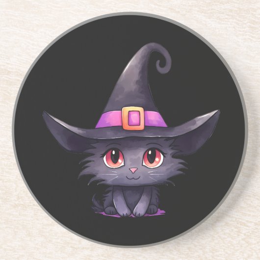 Schattigee zwarte kat met Pet van een heks Zandsteen Onderzetter (Voorkant)