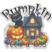 Schattigee zwarte kat met pompoen Peek-a-Boo Hallo Sticker (Voorkant)