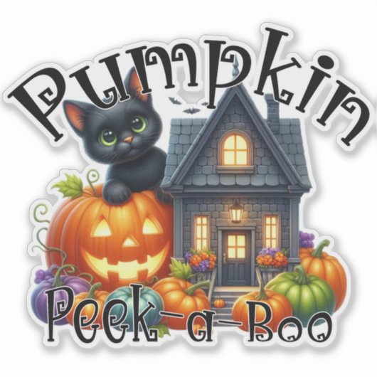 Schattigee zwarte kat met pompoen Peek-a-Boo Hallo Sticker (Voorkant)