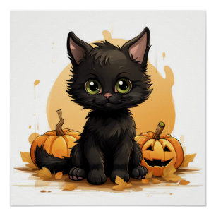 Schattigee zwarte kat met pompoenen perfect poster