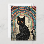 Schattigee zwarte kat met regenboog in de stad briefkaart (Voorkant / Achterkant)