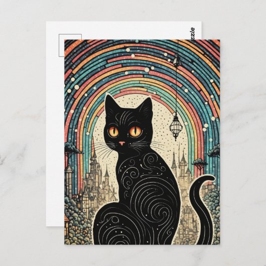 Schattigee zwarte kat met regenboog in de stad briefkaart (Voorkant / Achterkant)