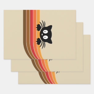 Schattigee zwarte kat met retro strepen inpakpapier vel