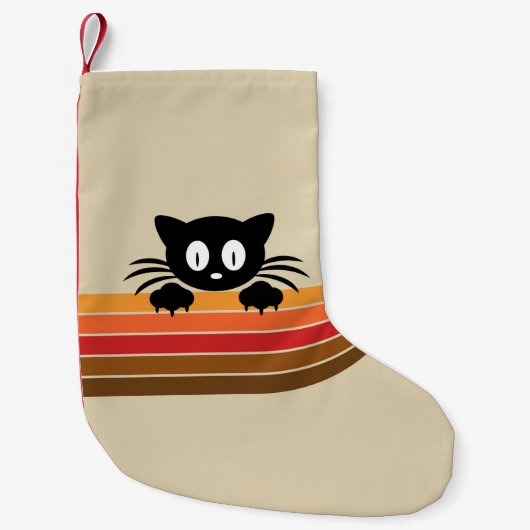 Schattigee zwarte kat met retro strepen kleine kerstsok (Voorkant)