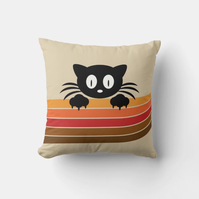 Schattigee zwarte kat met retro strepen kussen (Voorkant)
