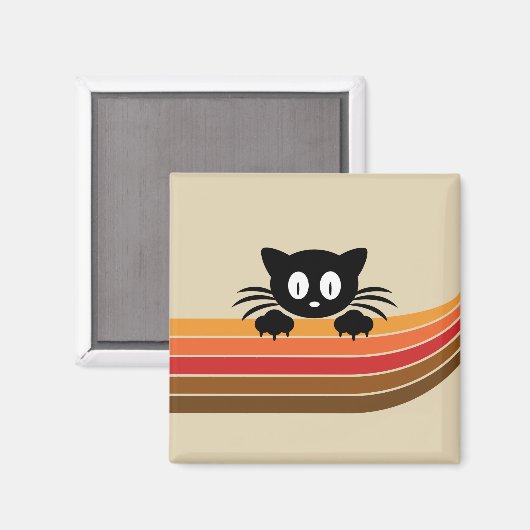 Schattigee zwarte kat met retro strepen magneet (Voorkant / Achterkant)