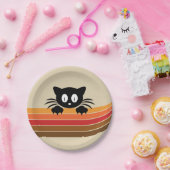 Schattigee zwarte kat met retro strepen papieren bordje (Feest)