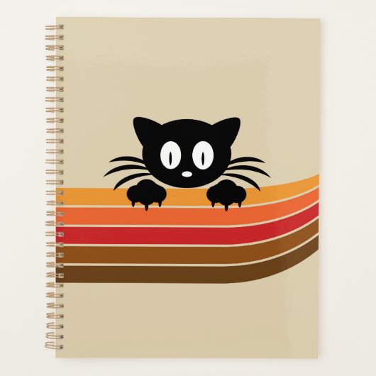 Schattigee zwarte kat met retro strepen planner (Voorkant)