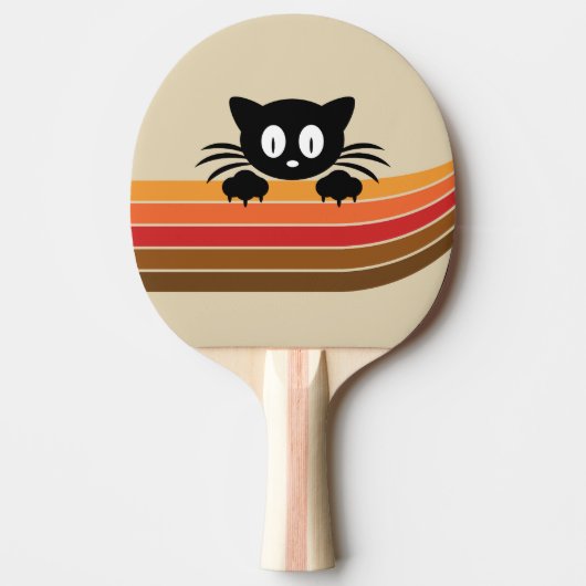 Schattigee zwarte kat met retro strepen tafeltennisbatje (Voorkant)