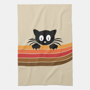 Schattigee zwarte kat met retro strepen theedoek