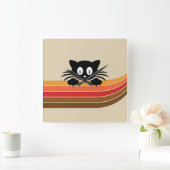 Schattigee zwarte kat met retro strepen vierkante klok (Huis)