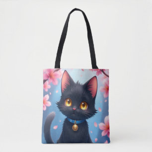 Schattigee zwarte kat met Sakura Flowers Canvas ta Tote Bag