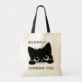 Schattigee zwarte kat oordeelt je stilletjes tote bag (Voorkant)