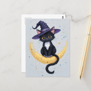 Schattigee zwarte kat op halve maan Halloween-groe Briefkaart