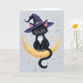 Schattigee zwarte kat op halve maan Halloween-groe Kaart