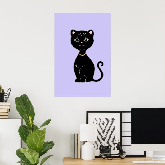 Schattigee Zwarte Kat op Licht Periwinkle Poster (Thuiskantoor)