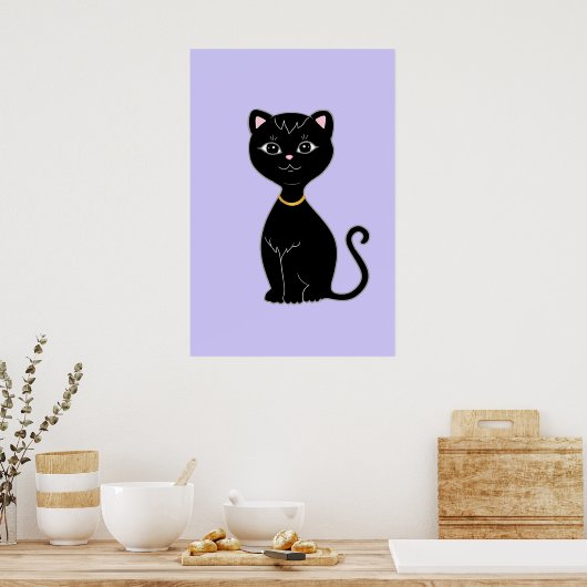 Schattigee Zwarte Kat op Licht Periwinkle Poster (Keuken)
