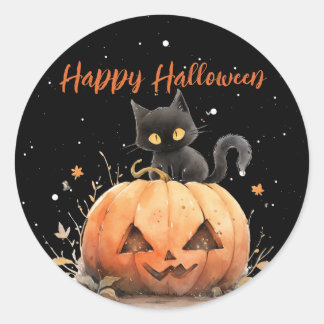 Schattigee zwarte kat op pompoen Halloween Ronde Sticker