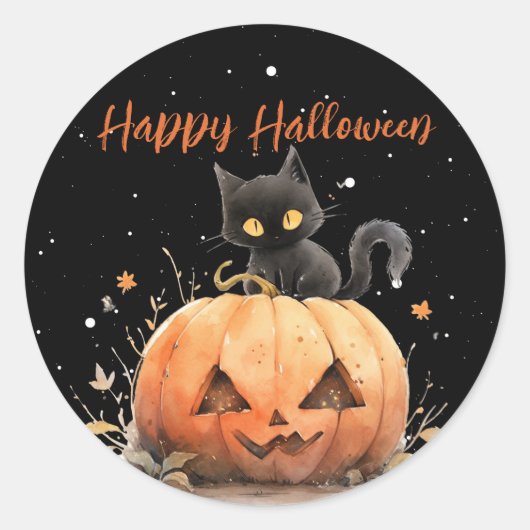 Schattigee zwarte kat op pompoen Halloween Ronde Sticker (Voorkant)