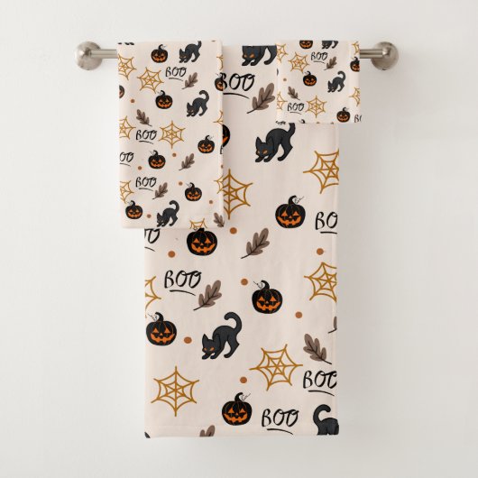 Schattigee Zwarte Kat Pompoen Halloween Patroon Bad Handdoek (Insitu)