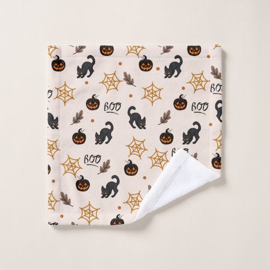 Schattigee Zwarte Kat Pompoen Halloween Patroon Bad Handdoek (Wasdoekje)