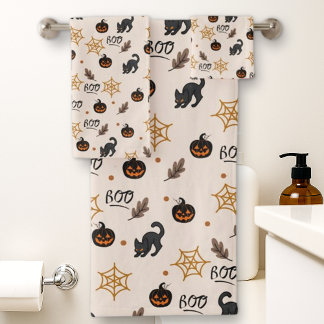 Schattigee Zwarte Kat Pompoen Halloween Patroon Bad Handdoek