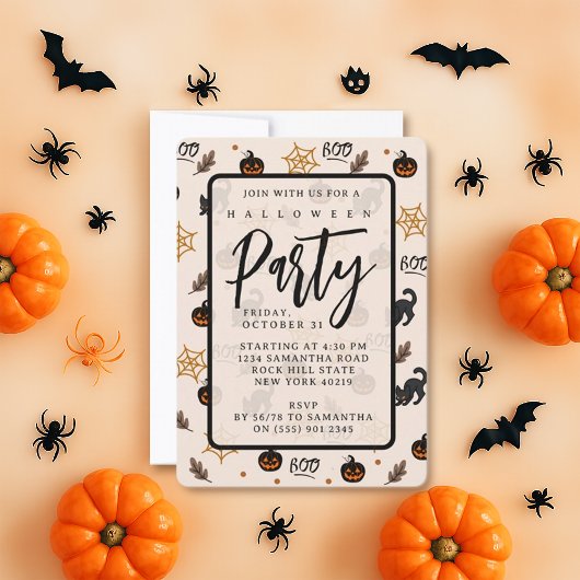 Schattigee Zwarte Kat Pompoen Halloween Patroon Kaart