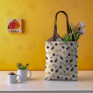 Schattigee Zwarte Kat Pompoen Halloween Patroon Tote Bag