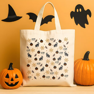 Schattigee Zwarte Kat Pompoen Halloween Patroon Tote Bag