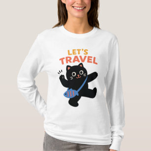 Schattigee zwarte kat reisavontuur illustratie t-shirt