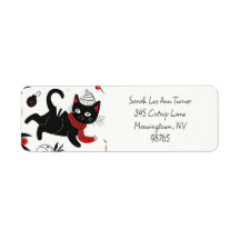 Schattigee zwarte kat retro kerst retour adres